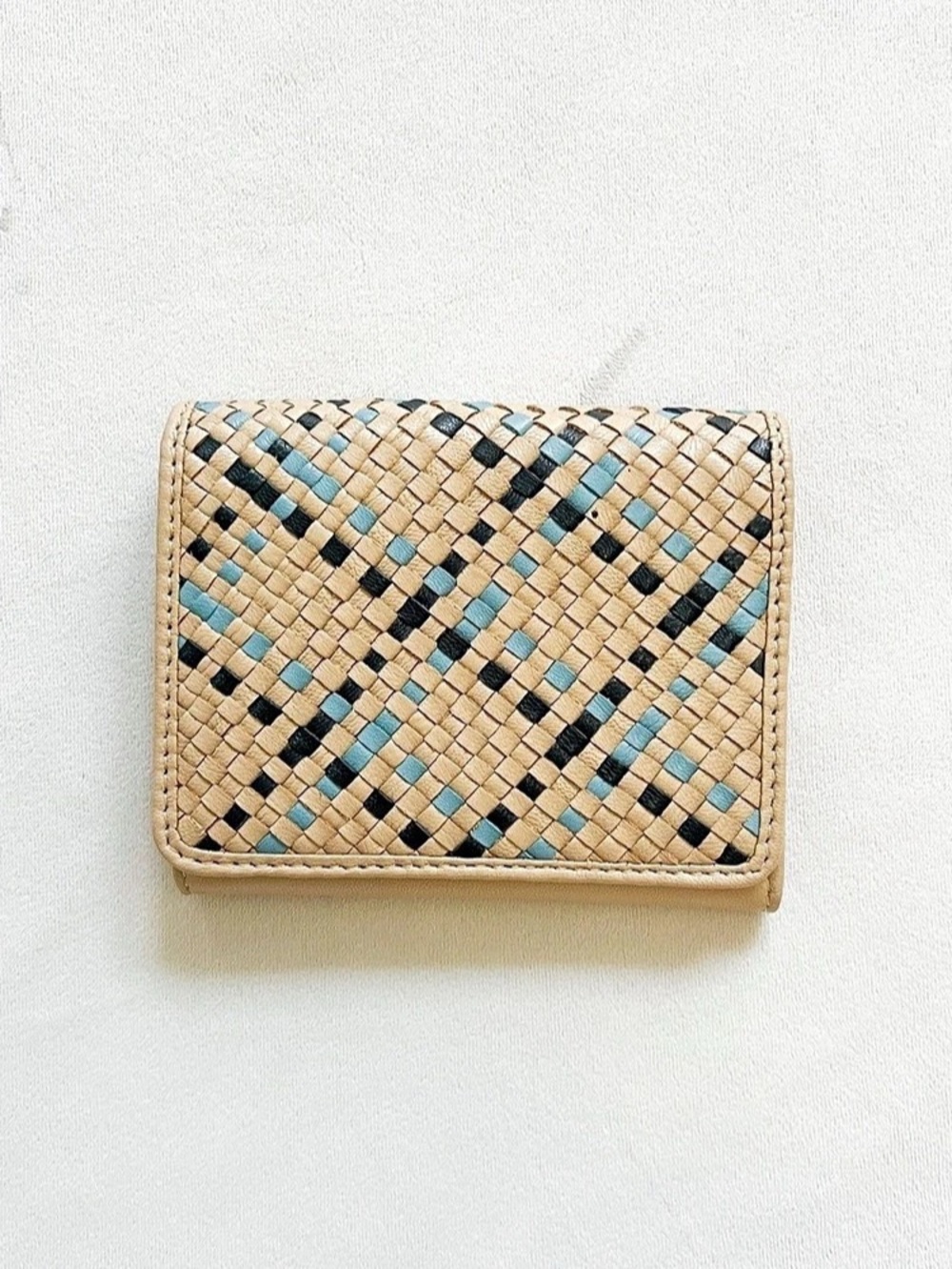 Woven Leather Wallet in Tan & Blue